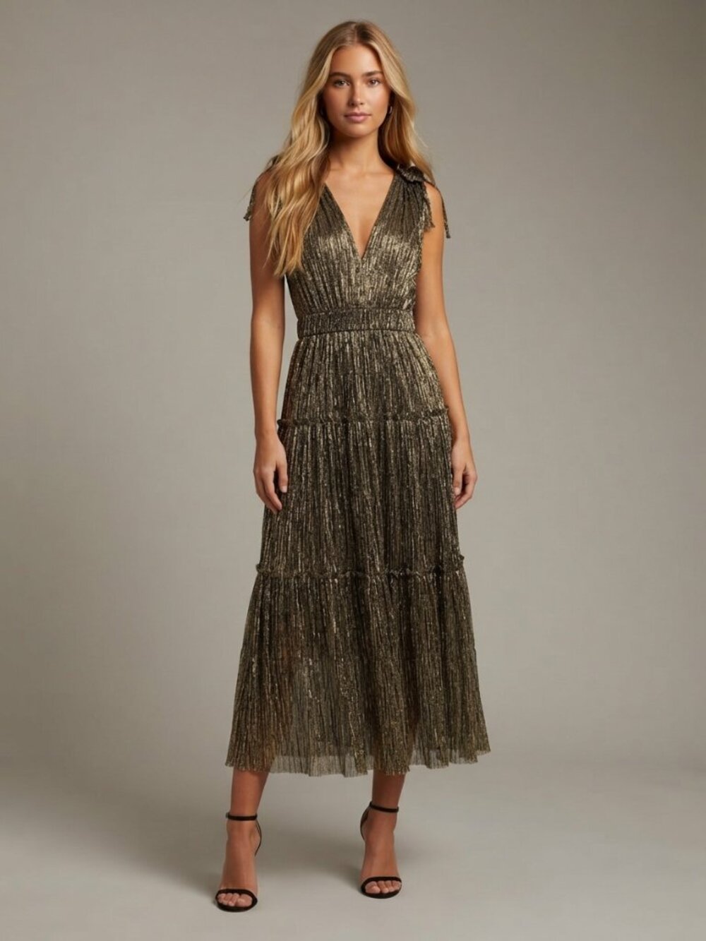Sabina Musayev Gold Helena Belted Metallic Midi-Dress Size Small 57043